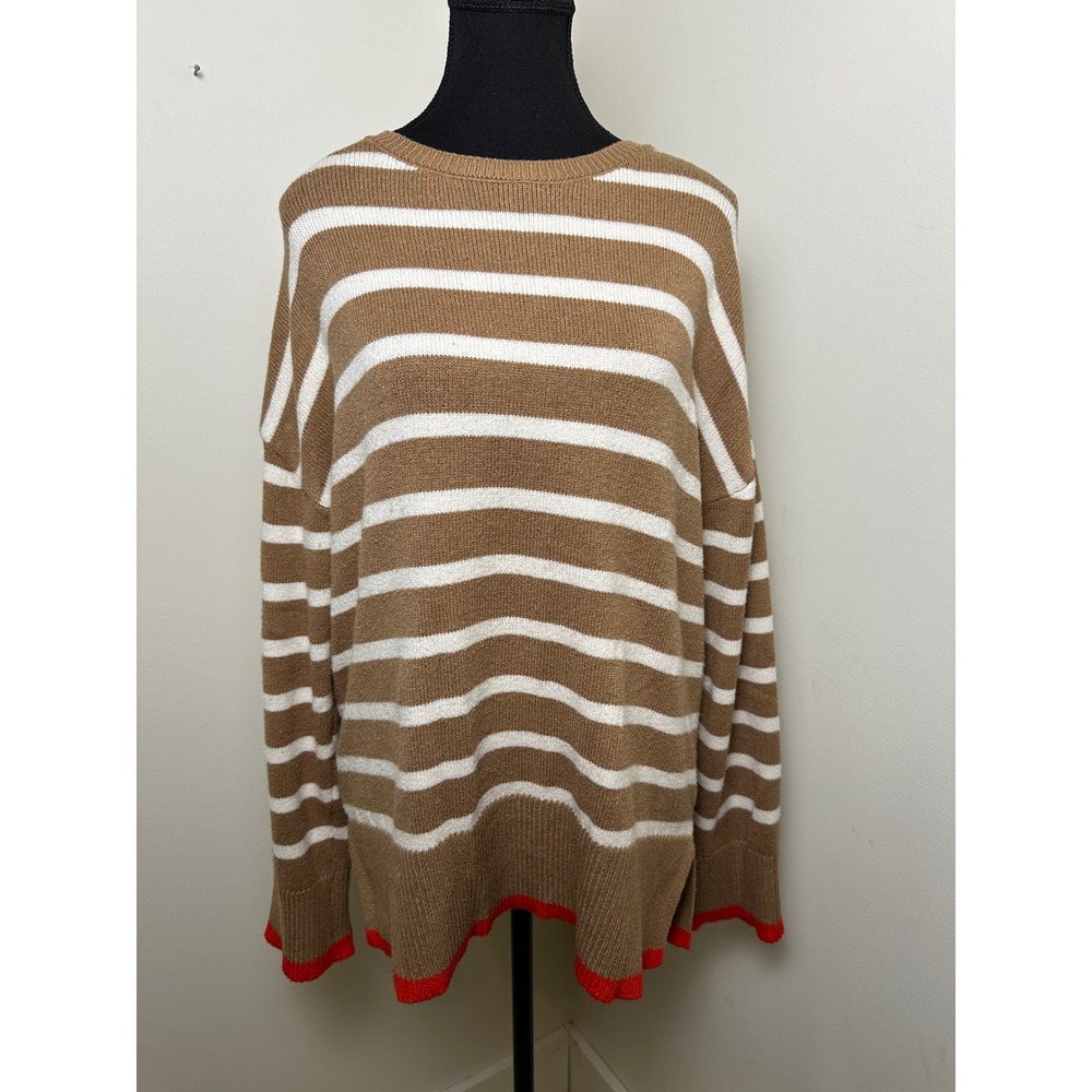 Marled Womens Sweater L Brown Stripe Red Trim Long Sleeve Knit Pullover Top‎